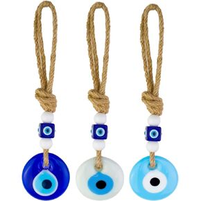 BCS Evil Eye Car Hanging Ornament Rear View Mirror Accessories 1.8" W x 9" L Glass Decor Turkish Greek Nazar Amulet Good Luck & Protection Charm Ojo Turco para Carro Navy, White, Light Blue Set of 3