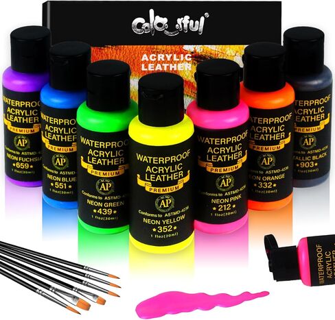 Leather Paint Set, 7 Neon Colors Acrylic Leather Paint for Shoes | Leather Accessories | Premium Shoe Paint Kit for Sneakers | Bags | Purses | Waterproof, Flexible, Long-Lasting Sneaker Paint Kits in Saudi Arabia