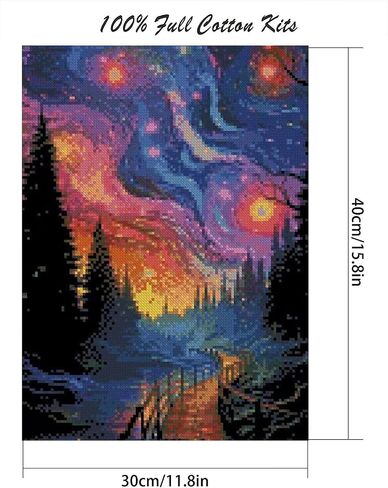 MjhRcll Starry Sky Stamped Cross Stitch Kits, DIY Starry Night Cross Stitch Ornament Kits for Adults Beginners,Colorful Counted Embroidery Needlepoint Kits Home Decor 12x16inch in Saudi Arabia