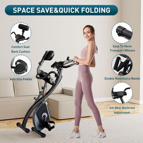 Indoor Exercise Bike, Foldable Stationary Bike Exercise Bike For Seniors Home Workout, Stationary Bicycle With Arm Resistance Band Magnetic Resistance, Comfort Back Support Cushion & 4th gear Backrest Adjustments, Heart-Rate Monitor LCD Monitor in Saudi Arabia