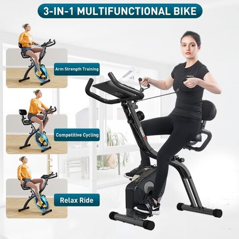 Indoor Exercise Bike, Foldable Stationary Bike Exercise Bike For Seniors Home Workout, Stationary Bicycle With Arm Resistance Band Magnetic Resistance, Comfort Back Support Cushion & 4th gear Backrest Adjustments, Heart-Rate Monitor LCD Monitor in Saudi Arabia
