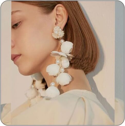 Long Flower Pearl Dangle Earrings for Women Mesh Floral Tassel Drop Earrings for Girls Bride Wedding Jewelry Gift in Saudi Arabia