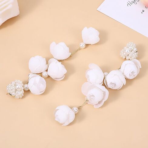 Long Flower Pearl Dangle Earrings for Women Mesh Floral Tassel Drop Earrings for Girls Bride Wedding Jewelry Gift in Saudi Arabia