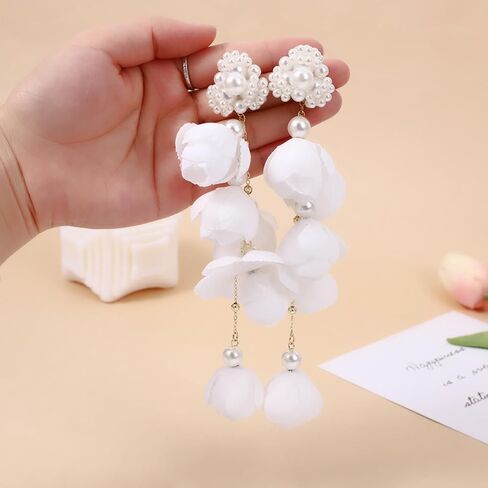 Long Flower Pearl Dangle Earrings for Women Mesh Floral Tassel Drop Earrings for Girls Bride Wedding Jewelry Gift in Saudi Arabia