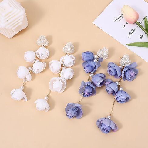 Long Flower Pearl Dangle Earrings for Women Mesh Floral Tassel Drop Earrings for Girls Bride Wedding Jewelry Gift in Saudi Arabia