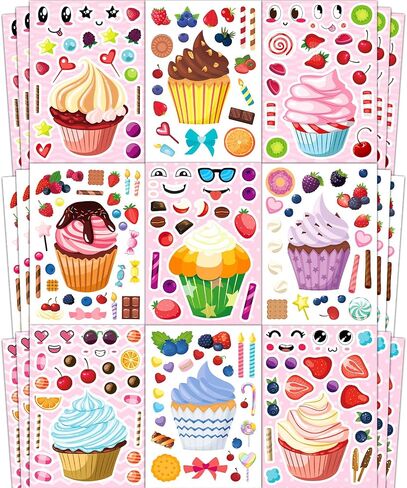 36 Pcs Cupcake Make-a-Face Sticker Sheets | Mix & Match Ice Cream Dessert Party Favors for Toddlers & Kids Ages 2-8 | Treats Party Activities, Birthday Decorations, Crafts & Supplies in Saudi Arabia
