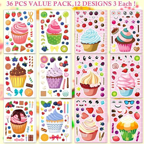 36 Pcs Cupcake Make-a-Face Sticker Sheets | Mix & Match Ice Cream Dessert Party Favors for Toddlers & Kids Ages 2-8 | Treats Party Activities, Birthday Decorations, Crafts & Supplies in Saudi Arabia