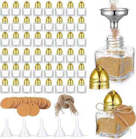 Uiifan 50 Set 0.5 oz Cube Shape Mini Salt and Pepper Shakers with Gold Tone Tops Clear Glass Small Spice Salt and Pepper Holders Bulk with 5 Plastic Funnels 50 Tags 50 Ropes for Wedding Party Kitchen in Saudi Arabia