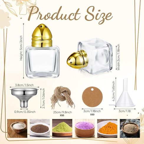 Uiifan 50 Set 0.5 oz Cube Shape Mini Salt and Pepper Shakers with Gold Tone Tops Clear Glass Small Spice Salt and Pepper Holders Bulk with 5 Plastic Funnels 50 Tags 50 Ropes for Wedding Party Kitchen in Saudi Arabia