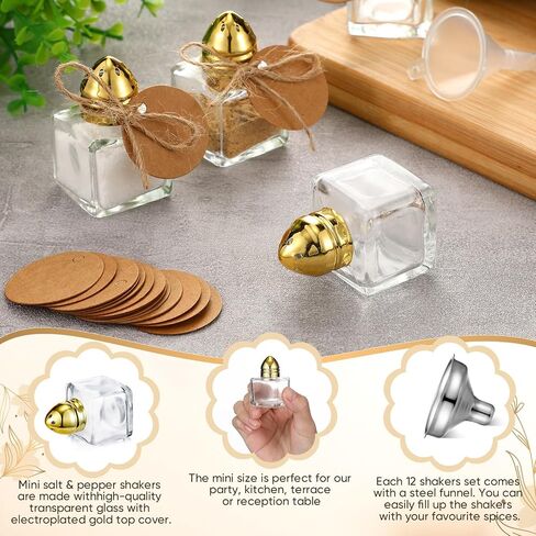 Uiifan 50 Set 0.5 oz Cube Shape Mini Salt and Pepper Shakers with Gold Tone Tops Clear Glass Small Spice Salt and Pepper Holders Bulk with 5 Plastic Funnels 50 Tags 50 Ropes for Wedding Party Kitchen in Saudi Arabia