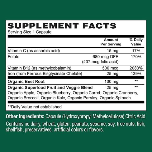 PlantFusion Vegan Iron Supplement for Women & Men - Gentle Plant-Based Iron with Vitamin C, Methyl B12, Folate - Non-Constipating, Wholefood Iron Pills for Energy, Anemia & Blood Support, 60 Capsules in Saudi Arabia
