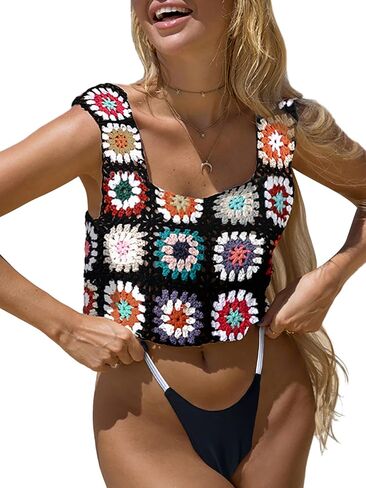 MakeMeChic Women's Floral Crochet Cover Up Hollow Out Beach Swimsuit Cover Up Stretch Knitted Tank Top in Saudi Arabia