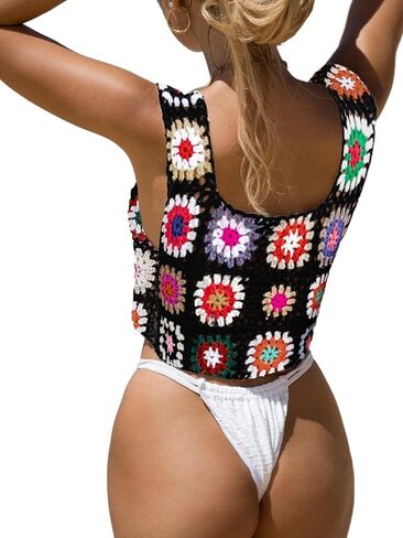 MakeMeChic Women's Floral Crochet Cover Up Hollow Out Beach Swimsuit Cover Up Stretch Knitted Tank Top in Saudi Arabia