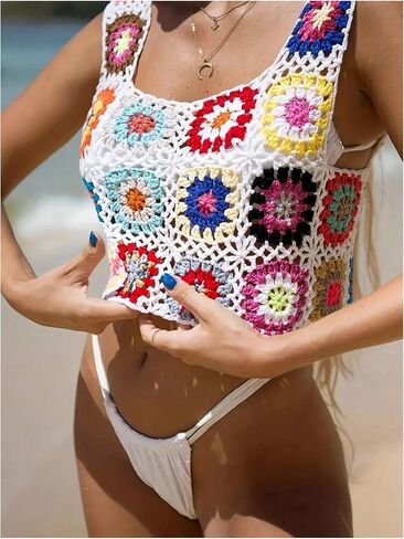 MakeMeChic Women's Floral Crochet Cover Up Hollow Out Beach Swimsuit Cover Up Stretch Knitted Tank Top in Saudi Arabia