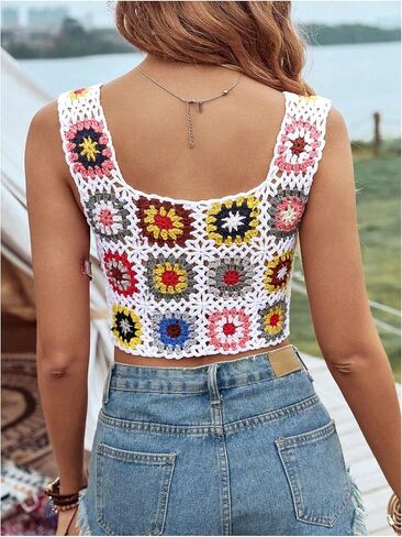 MakeMeChic Women's Floral Crochet Cover Up Hollow Out Beach Swimsuit Cover Up Stretch Knitted Tank Top in Saudi Arabia