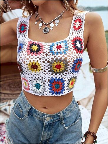 MakeMeChic Women's Floral Crochet Cover Up Hollow Out Beach Swimsuit Cover Up Stretch Knitted Tank Top in Saudi Arabia