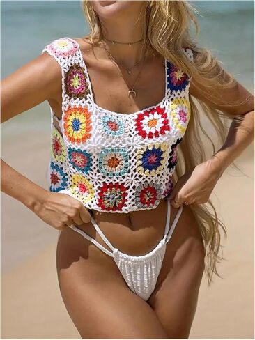 MakeMeChic Women's Floral Crochet Cover Up Hollow Out Beach Swimsuit Cover Up Stretch Knitted Tank Top in Saudi Arabia