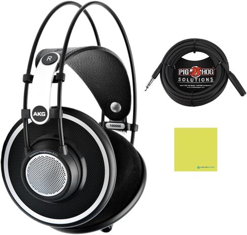 حزمة سماعات الرأس AKG K702 Studio المرجعية مع كابل تمديد سماعة الرأس Pig Hog PHX14-25، قطعة قماش تلميع للأدوات مقاس 1/4 بوصة - سماعات رأس فوق الأذن، سماعات رأس مفتوحة من الخلف in Saudi Arabia