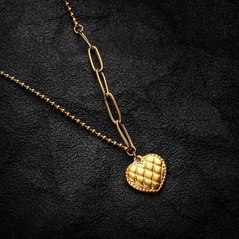 LIU JUN قلادة قلب مكتنزة للنساء، 14 قيراط من الذهب الكبير منتفخ الحب قلادة مشبك الورق الكوبي سلسلة الربط الفولاذ المقاوم للصدأ قلادة في سن المراهقة الفتيات بيان هدية مجوهرات in Kuwait