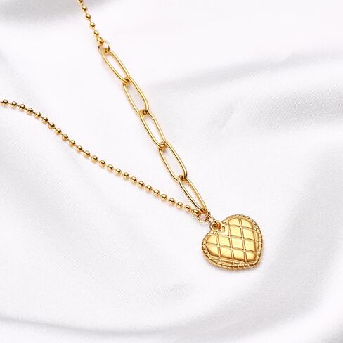 LIU JUN قلادة قلب مكتنزة للنساء، 14 قيراط من الذهب الكبير منتفخ الحب قلادة مشبك الورق الكوبي سلسلة الربط الفولاذ المقاوم للصدأ قلادة في سن المراهقة الفتيات بيان هدية مجوهرات in Kuwait