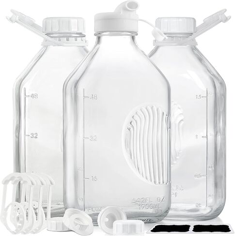 2 Qt Glass Milk Bottle with Reusable Strong Airtight SCREW LID, 64 Oz Glass Juice Bottles for Almond Milk, Oat Milk - 0.5 Gal Glass Water Bottle with 2 Exact Scale Lines, Extra Handle AND Cap！ in Saudi Arabia