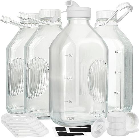 2 Qt Glass Milk Bottle with Reusable Strong Airtight SCREW LID, 64 Oz Glass Juice Bottles for Almond Milk, Oat Milk - 0.5 Gal Glass Water Bottle with 2 Exact Scale Lines, Extra Handle AND Cap！ in Saudi Arabia