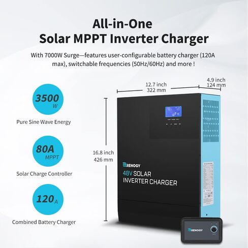 Renogy 48V 3500W Pure Sine Wave Inverter, All-in-One with MPPT Charge Controller, Power-Saving Mode DC 48V to AC 120V, Surge 7000W, Solar, Generator Battery Charging, LCD&LED, for Home, Camping, RV in Saudi Arabia