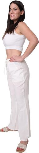 Womens Casual Pants Wide Legs Cotton Linen, Soft Comfy Long Lounge Pants for Summer, Elastic Waist Trousers w Pockets in Saudi Arabia