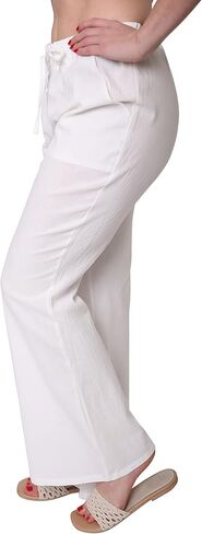 Womens Casual Pants Wide Legs Cotton Linen, Soft Comfy Long Lounge Pants for Summer, Elastic Waist Trousers w Pockets in Saudi Arabia
