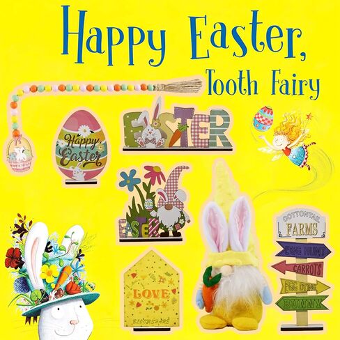 ديكور صينية عيد الفصح - 14 قطعة زينة صينية عيد الفصح - قطيفة جنوم، خرز إكليل، بيض وأرنب خشبي ديكور لطاولة المنزل وغطاء المطبخ in Kuwait