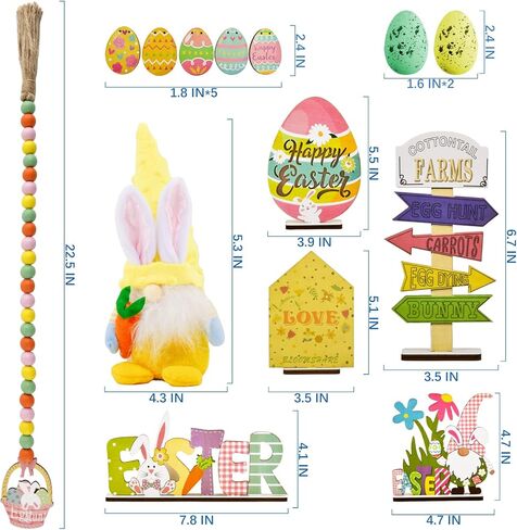 ديكور صينية عيد الفصح - 14 قطعة زينة صينية عيد الفصح - قطيفة جنوم، خرز إكليل، بيض وأرنب خشبي ديكور لطاولة المنزل وغطاء المطبخ in Kuwait
