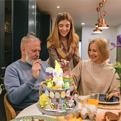 ديكور صينية عيد الفصح - 14 قطعة زينة صينية عيد الفصح - قطيفة جنوم، خرز إكليل، بيض وأرنب خشبي ديكور لطاولة المنزل وغطاء المطبخ in Kuwait