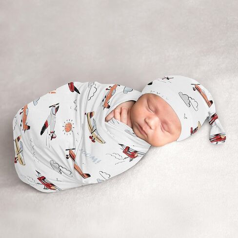 Sweet Jojo Designs Vintage Airplane Boy Baby Cocoon Swaddle and Beanie Newborn Jersey Set Infant Wearable Blanket Going Home Outfit Set Air Plane Transportation Clouds Sun Aviator Red White and Blue in Saudi Arabia