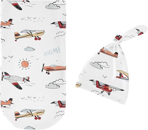 Sweet Jojo Designs Vintage Airplane Boy Baby Cocoon Swaddle and Beanie Newborn Jersey Set Infant Wearable Blanket Going Home Outfit Set Air Plane Transportation Clouds Sun Aviator Red White and Blue in Saudi Arabia
