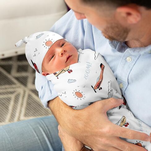 Sweet Jojo Designs Vintage Airplane Boy Baby Cocoon Swaddle and Beanie Newborn Jersey Set Infant Wearable Blanket Going Home Outfit Set Air Plane Transportation Clouds Sun Aviator Red White and Blue in Saudi Arabia