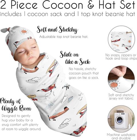 Sweet Jojo Designs Vintage Airplane Boy Baby Cocoon Swaddle and Beanie Newborn Jersey Set Infant Wearable Blanket Going Home Outfit Set Air Plane Transportation Clouds Sun Aviator Red White and Blue in Saudi Arabia