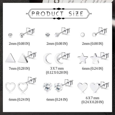 Magitaco 9 أزواج من الأقراط الجراحية الفولاذية اللذيذة على شكل قلب صغير على شكل قمر ونجمة أقراط هندسية بسيطة تشيكوسلوفاكيا كرة فضية ومثلث مجموعات للنساء والرجال in Kuwait