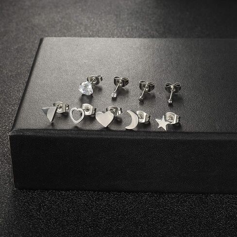 Magitaco 9 أزواج من الأقراط الجراحية الفولاذية اللذيذة على شكل قلب صغير على شكل قمر ونجمة أقراط هندسية بسيطة تشيكوسلوفاكيا كرة فضية ومثلث مجموعات للنساء والرجال in Kuwait