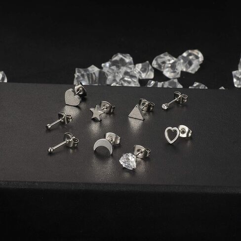 Magitaco 9 أزواج من الأقراط الجراحية الفولاذية اللذيذة على شكل قلب صغير على شكل قمر ونجمة أقراط هندسية بسيطة تشيكوسلوفاكيا كرة فضية ومثلث مجموعات للنساء والرجال in Kuwait