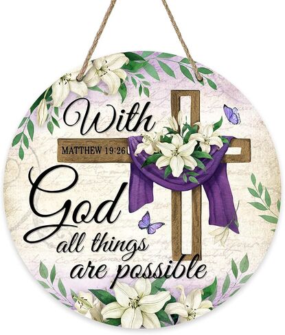 With Gold All Things are Possible Easter Front Door Sign, Religious Cross Lily Flowers Wood Door Hanger Outdoor Outside Porch Decor, Floral Vintage Wooden Wreath Indoor Wall Hanging Decoration in Saudi Arabia