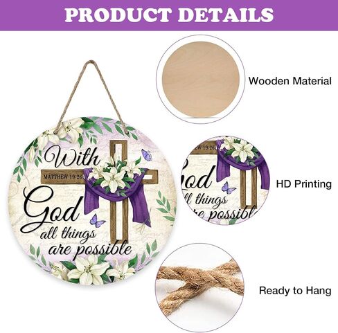 With Gold All Things are Possible Easter Front Door Sign, Religious Cross Lily Flowers Wood Door Hanger Outdoor Outside Porch Decor, Floral Vintage Wooden Wreath Indoor Wall Hanging Decoration in Saudi Arabia