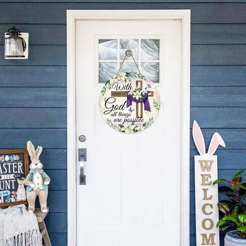 With Gold All Things are Possible Easter Front Door Sign, Religious Cross Lily Flowers Wood Door Hanger Outdoor Outside Porch Decor, Floral Vintage Wooden Wreath Indoor Wall Hanging Decoration in Saudi Arabia