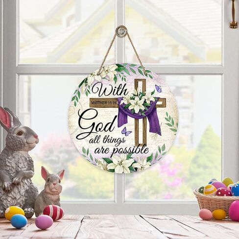 With Gold All Things are Possible Easter Front Door Sign, Religious Cross Lily Flowers Wood Door Hanger Outdoor Outside Porch Decor, Floral Vintage Wooden Wreath Indoor Wall Hanging Decoration in Saudi Arabia