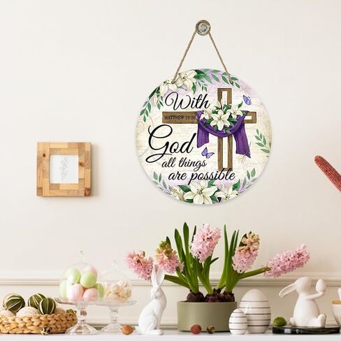 With Gold All Things are Possible Easter Front Door Sign, Religious Cross Lily Flowers Wood Door Hanger Outdoor Outside Porch Decor, Floral Vintage Wooden Wreath Indoor Wall Hanging Decoration in Saudi Arabia