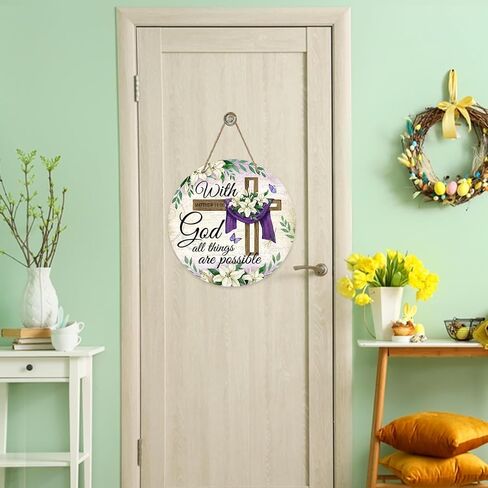 With Gold All Things are Possible Easter Front Door Sign, Religious Cross Lily Flowers Wood Door Hanger Outdoor Outside Porch Decor, Floral Vintage Wooden Wreath Indoor Wall Hanging Decoration in Saudi Arabia