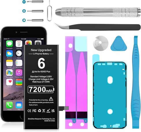 بطارية لهاتف iPhone 6، (الإصدار الجديد 2024) 7200 مللي أمبير في الساعة فائقة السعة 0 دورة استبدال بطارية ليثيوم بوليمر لهاتف iPhone 6 موديل A1549، A1586، A1589، A1522، A1524، A1593 مع مجموعة أدوات الإصلاح in Kuwait