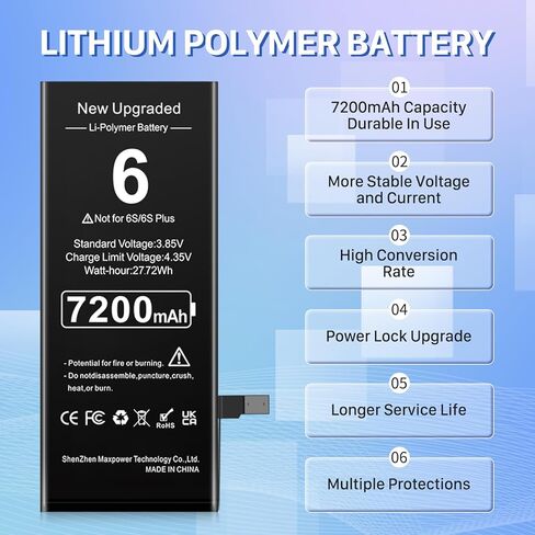 بطارية لهاتف iPhone 6، (الإصدار الجديد 2024) 7200 مللي أمبير في الساعة فائقة السعة 0 دورة استبدال بطارية ليثيوم بوليمر لهاتف iPhone 6 موديل A1549، A1586، A1589، A1522، A1524، A1593 مع مجموعة أدوات الإصلاح in Kuwait