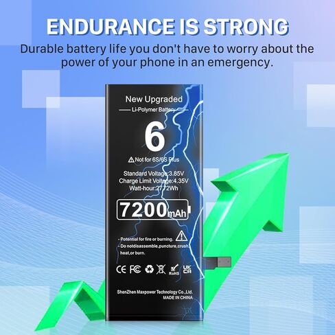 بطارية لهاتف iPhone 6، (الإصدار الجديد 2024) 7200 مللي أمبير في الساعة فائقة السعة 0 دورة استبدال بطارية ليثيوم بوليمر لهاتف iPhone 6 موديل A1549، A1586، A1589، A1522، A1524، A1593 مع مجموعة أدوات الإصلاح in Kuwait