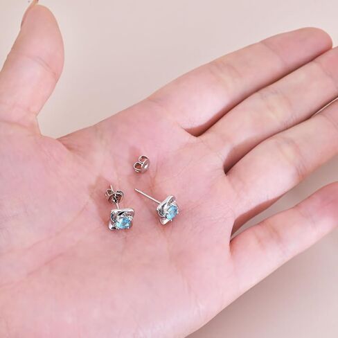Silver Aquamarine Post Clover Stud Earrings for Women Blue Cubic Zirconia Earrings Handmade Hypoallergenic March Birthstone Earrings in Saudi Arabia