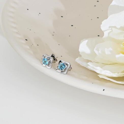 Silver Aquamarine Post Clover Stud Earrings for Women Blue Cubic Zirconia Earrings Handmade Hypoallergenic March Birthstone Earrings in Saudi Arabia